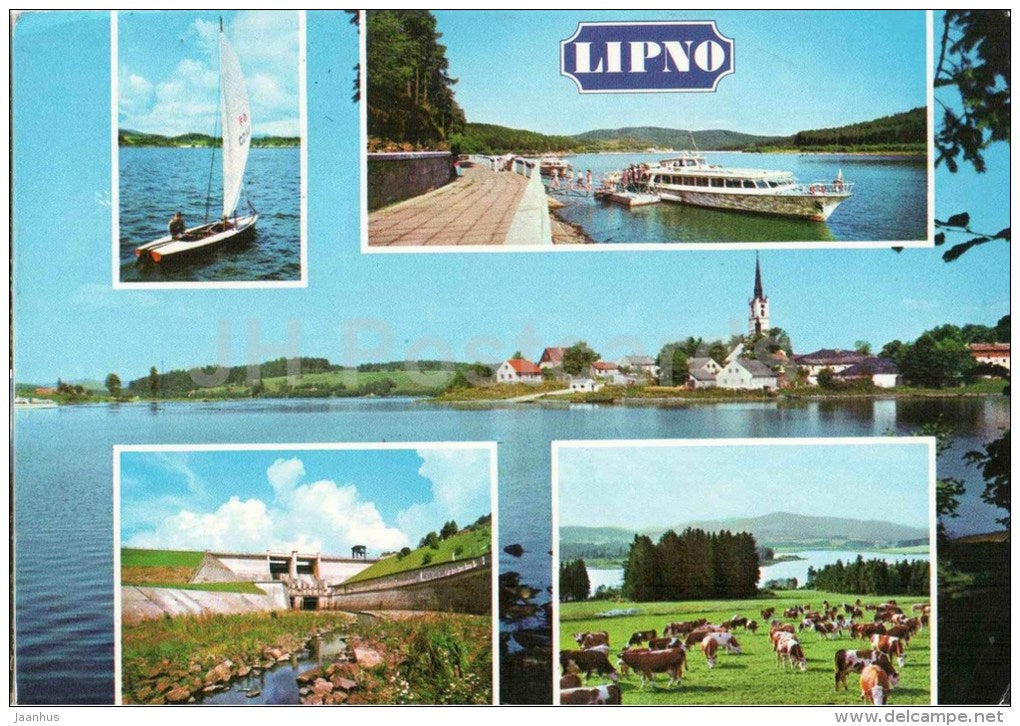 Lipno - dam - sailing boat - passenger boat - cows - Czechoslovakia - Czech - used - JH Postcards