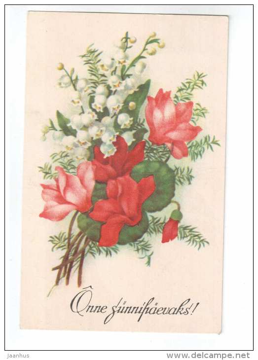 Birthday Greeting Card - flowers - Lily of the Valley - old postcard - circulated in Estonia - used - JH Postcards