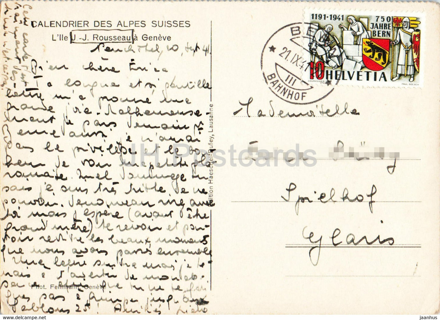 L' lle J J Rousseau a Geneve - Calendrier des Alpes Suisses - 1941 - old postcard - Switzerland - used