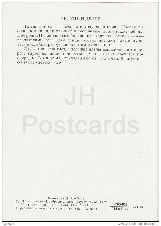 European green woodpecker - Picus viridis - Birds of Russian Forest - 1979 - Russia USSR - unused - JH Postcards