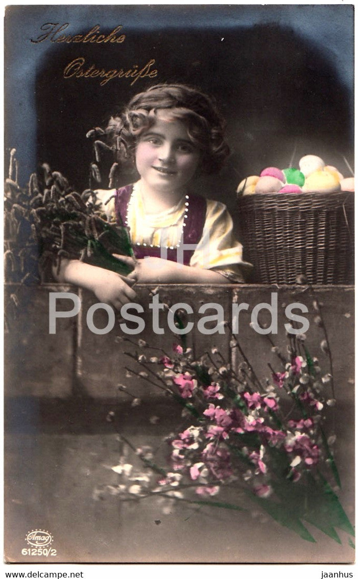 Easter Greeting Card - Herzliche Ostergrusse - girl - eggs - basket - Amag 61250/2 - old postcard - 1919  Germany - used - JH Postcards