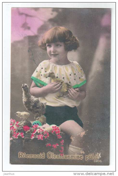 Easter Greeting Card - girl - chicken - duckling - YSA 0206 - old postcard - circulated Estonia - used - JH Postcards