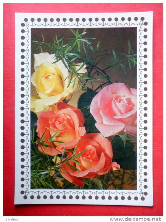 yellow pink and white roses - flowers - Czechoslovakia - unused - JH Postcards