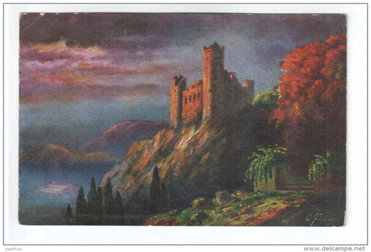 illustration by C. Fiebiger - castle - mountains - Amag 1063 - old postcard - circulated in Estonia 1929 Rakvere - used - JH Postcards