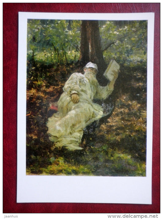 painting by I. Repin , writer L. Tolstoy on vacation in the woods 1891 - russian art - unused - JH Postcards