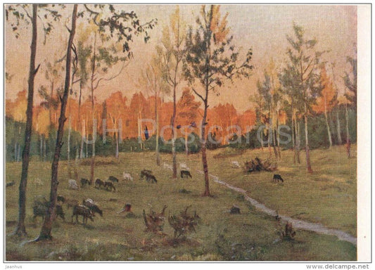 painting by A. Myasnikova - Last Rays - grove - animals - russian art  - unused - JH Postcards