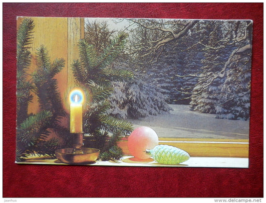 New Year greeting card - candle - decorations - 1990 - Russia USSR - unused - JH Postcards