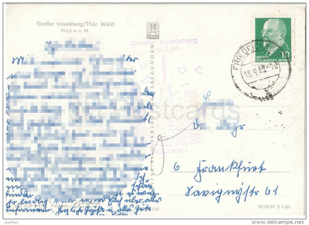 Grosser Inselsberg - Germany - 1965 gelaufen - JH Postcards