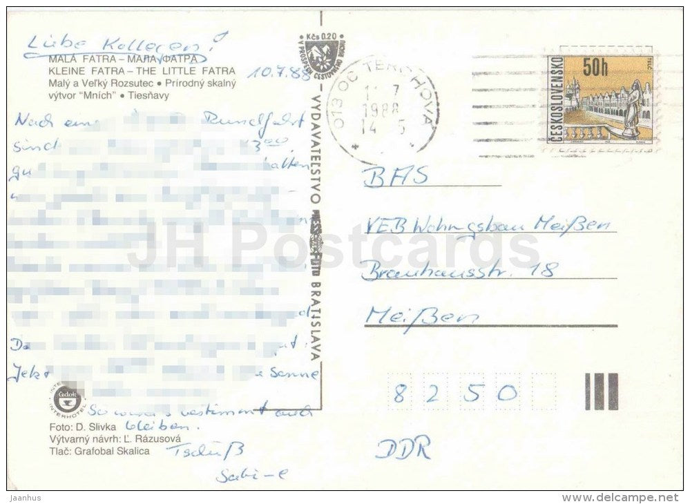 Maly and Velky Rozsutec - gulley - Mala Vatra - Little Fatra - Czechoslovakia - Slovakia - used 1988 - JH Postcards