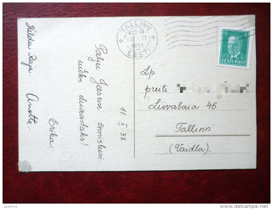 Birthday Greeting Card - white roses - flowers - circulated in Estonia 1938 , Tallinn - used - JH Postcards