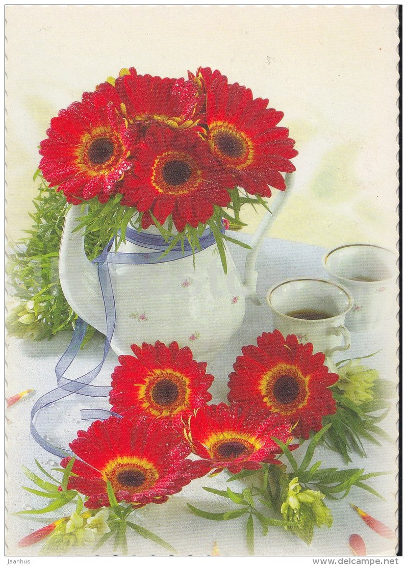 red flowers - tea service - Estonia - used in 2004 - JH Postcards