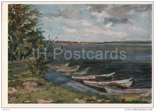 painting by A. Kiselyev - On the banks of the Moscow River , 1964 - boat - Russian art - 1976 - Russia USSR - unused - JH Postcards