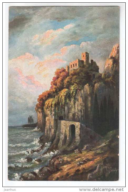 illustration by Fiebiger - castle , sea , rocks - Amag 441 - old postcard - unused - JH Postcards