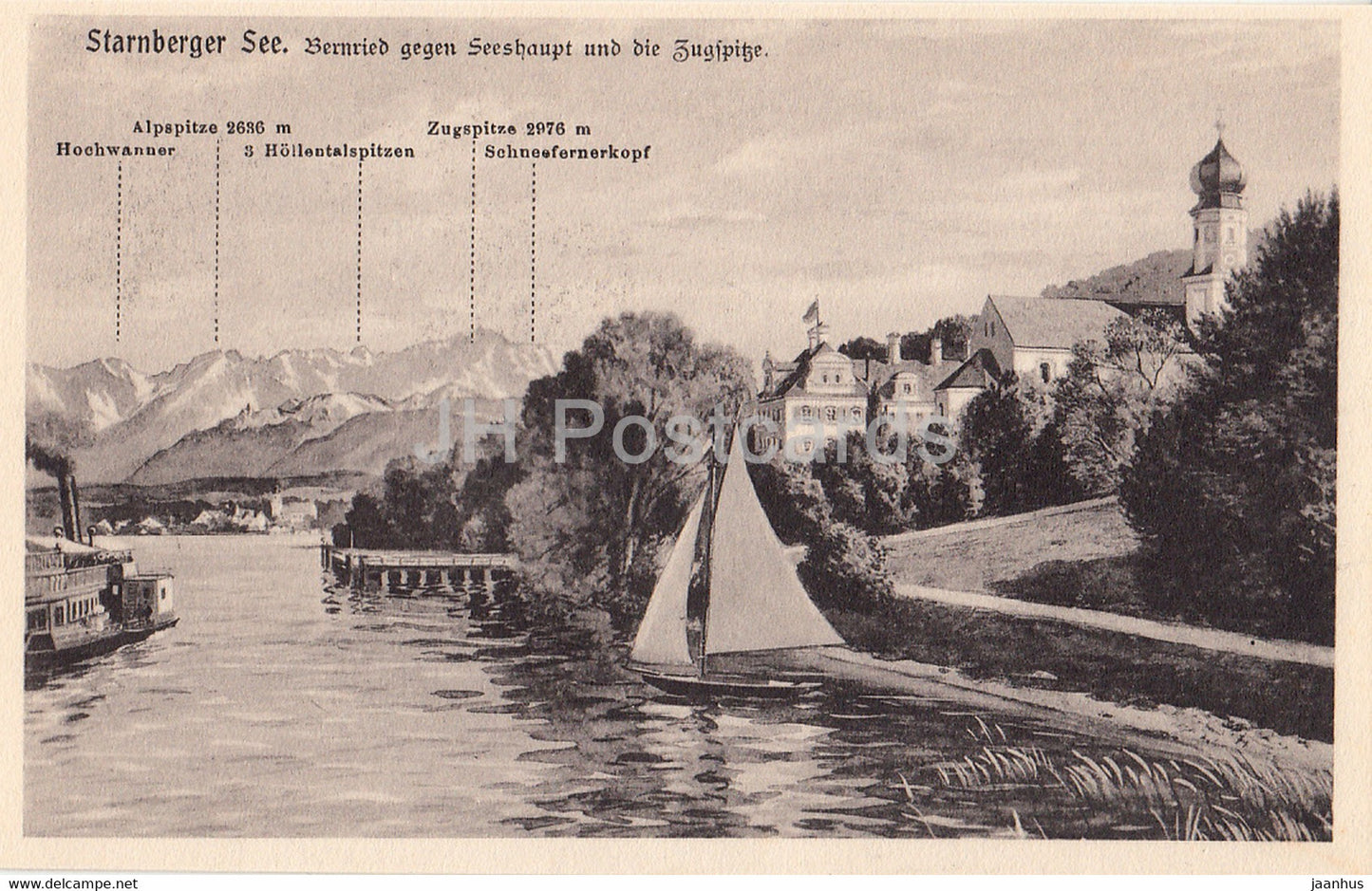 Starnberger See - Bernried gegen Seeshaupt und die Zugspitze - sailing boat - 15 - old postcard - Germany - unused - JH Postcards