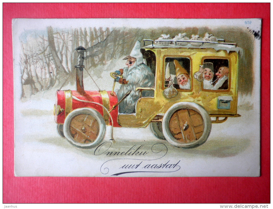 new year greeting card - winter - dwarfs - old car - 652 -  circulated in Imperial Russia Estonia Wesenberg 1908 - JH Postcards