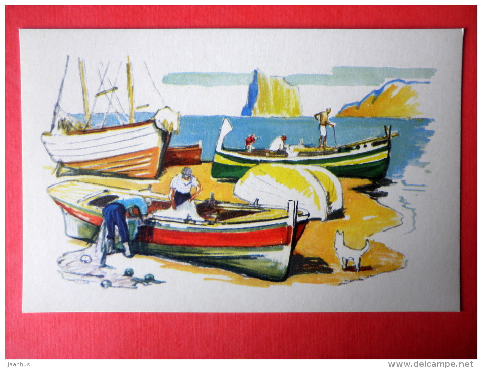 illustration by P. Pavlinov - Mediterranean fishing boats - Boats of the World - 1971 - Russia USSR - unused - JH Postcards