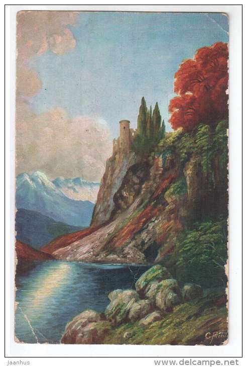 illustration by Fiebiger - castle , sea , rocks - Amag 1014 - old postcard - unused - JH Postcards