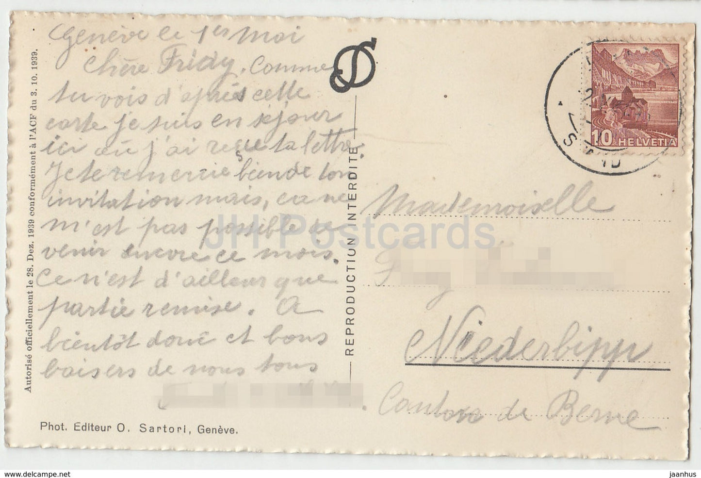 Geneve - Geneva - Jet d'Eau et le Mont-Blanc - 112 - Switzerland - 1941 - used