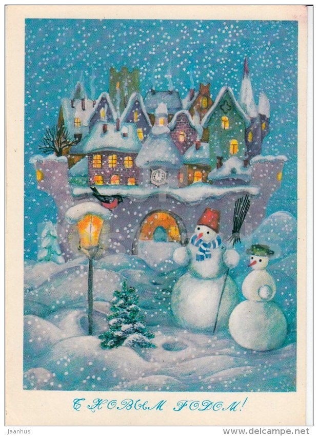 New Year greeting card by A. Ryss - snowman - town - 1981 - Russia USSR - used - JH Postcards