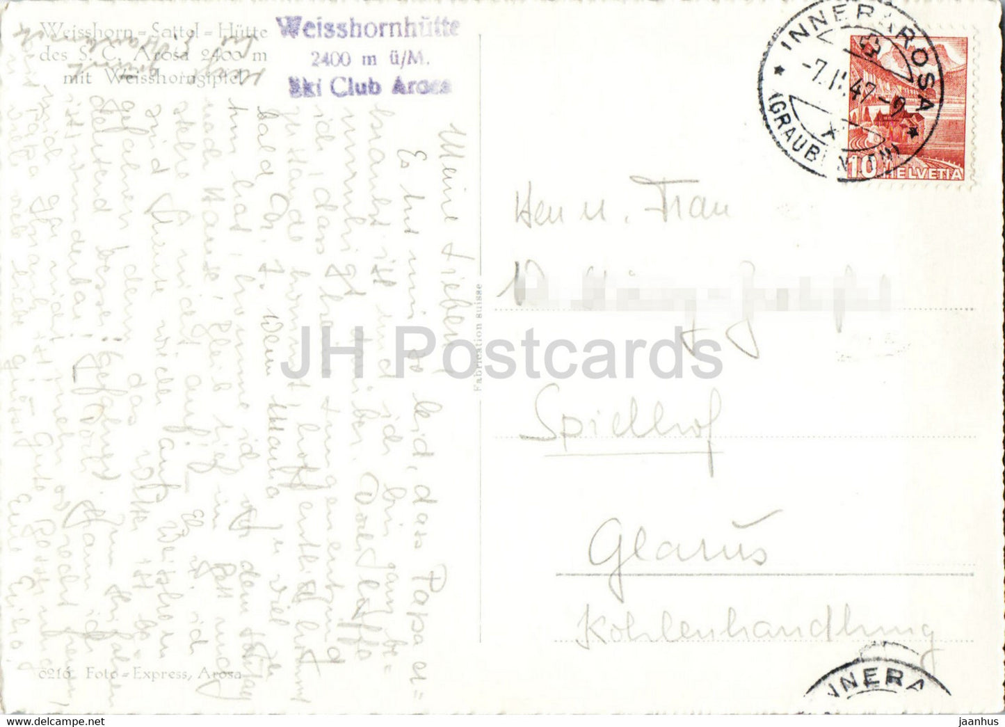 Weisshorn Sattel Hutte - S C Arosa 2400 m - Weisshorngipfel - 0216 - old postcard - 1947 - Switzerland - used