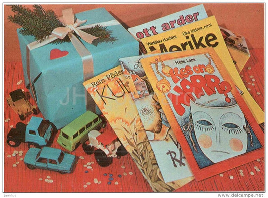 New Year Greeting card - gifts - model cars - books - 1984 - Estonia USSR - unused - JH Postcards