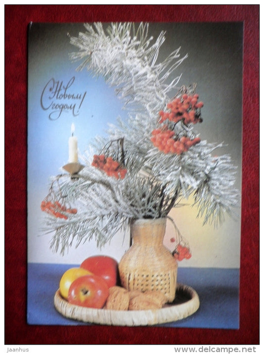 New Year greeting card - apples - rowan berries - nuts - candle - 1990 - Russia USSR - used - JH Postcards