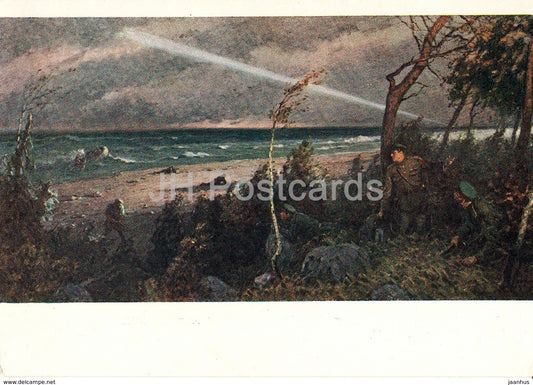 painting by V. Bozhko - Border guards . Military feat of M. Kozlov - Russian art - 1955 - Russia USSR - unused - JH Postcards