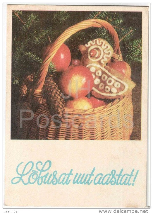 New Year Greeting card - 1 - apples - gingerbread - basket - cone - 1975 - Estonia USSR - used - JH Postcards