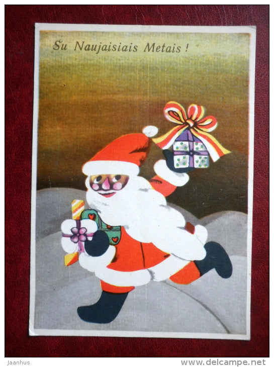 New Year Greeting card - by T. Lekiene - Sant Claus - gifts - 1985 - Lithuania USSR - used - JH Postcards