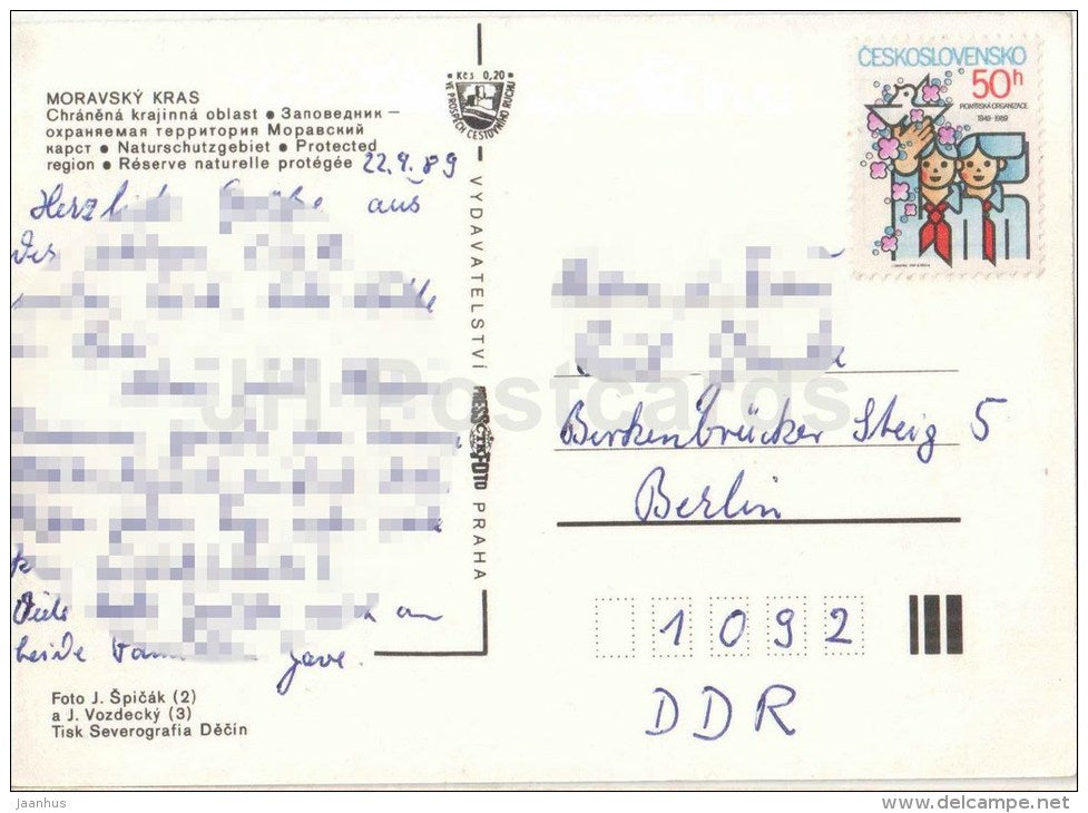 Moravsky Kras - Protected region - stalactite - Czechoslovakia - Czech - used 1989 - JH Postcards