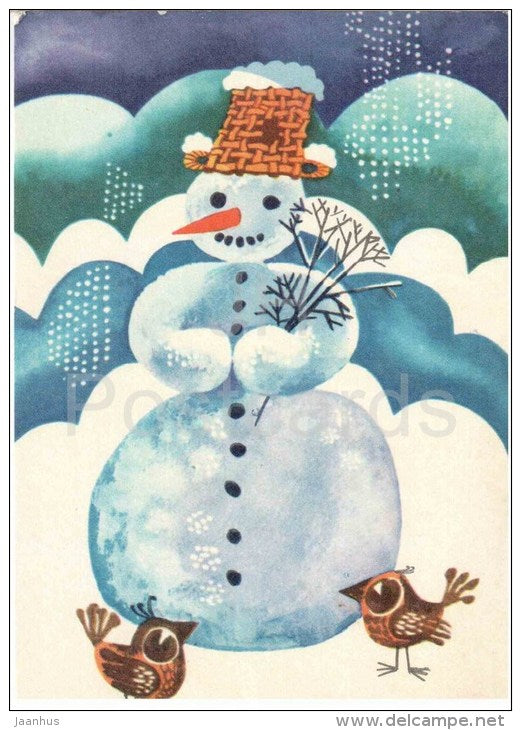 New Year Greeting card - by I. Sampu-Raudsepp - snowman - birds - 1975 - Estonia USSR - used - JH Postcards