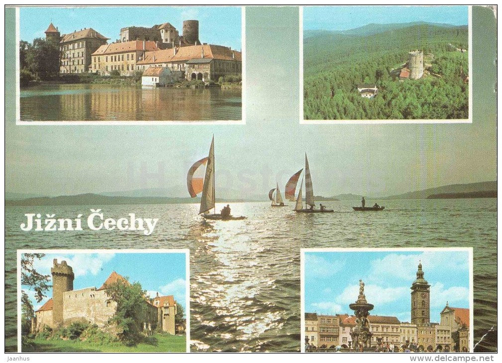 Jizni Cechy - Lipno - Jindrichuv hradec - Zizkovo square - sailing boat - Czechoslovakia - Czech - used 1979 - JH Postcards