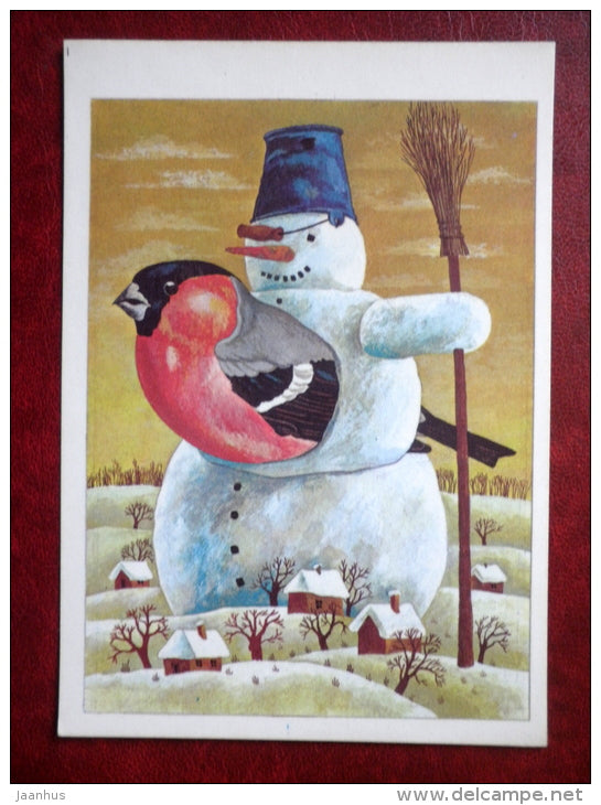 New Year Greeting card - by J. Tammsaar - snowman - bullfinch - birds - broom - 1985 - Estonia USSR - used - JH Postcards