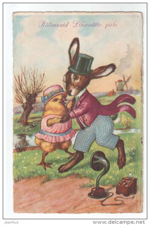 Easter Greeting Card - hare - chicken - radio - WSSB 8018 - old postcard - circulated in Estonia 1929 Rakvere - used - JH Postcards