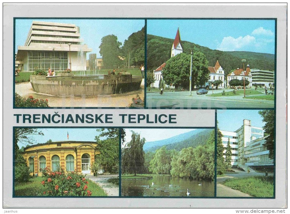 Trencianske Teplice - church - fountain - swan pond - architecture - town views - Czechoslovakia - Slovakia - used 1989 - JH Postcards