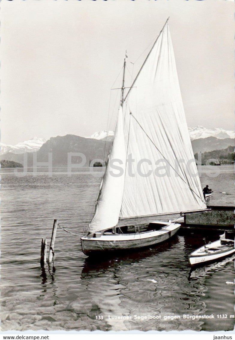 Luzerner Segelboot gegen Burgenstock 1132 m - sailing boat - 133 - old postcard - 1945 - Switzerland - used - JH Postcards