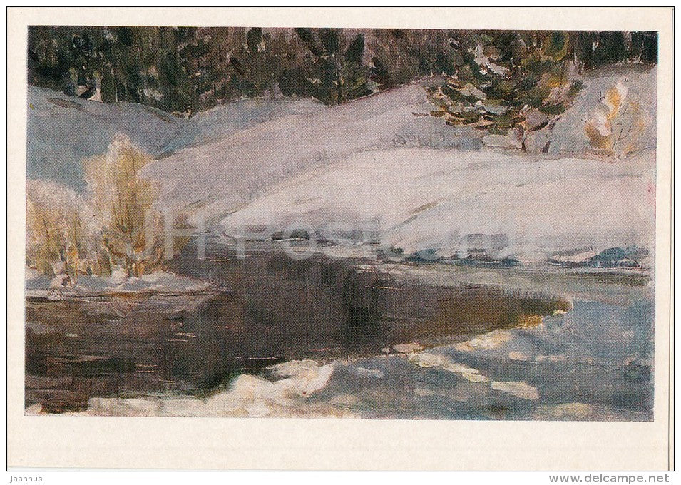 painting by A. Kiselyev - The river is getting cold , 1970 - Russian art - 1976 - Russia USSR - unused - JH Postcards