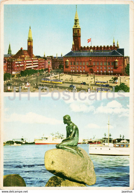 Copenhagen - The Town Hall and the Palace hotel to the Left - Little Mermaid - 1964 - Denmark - used - JH Postcards