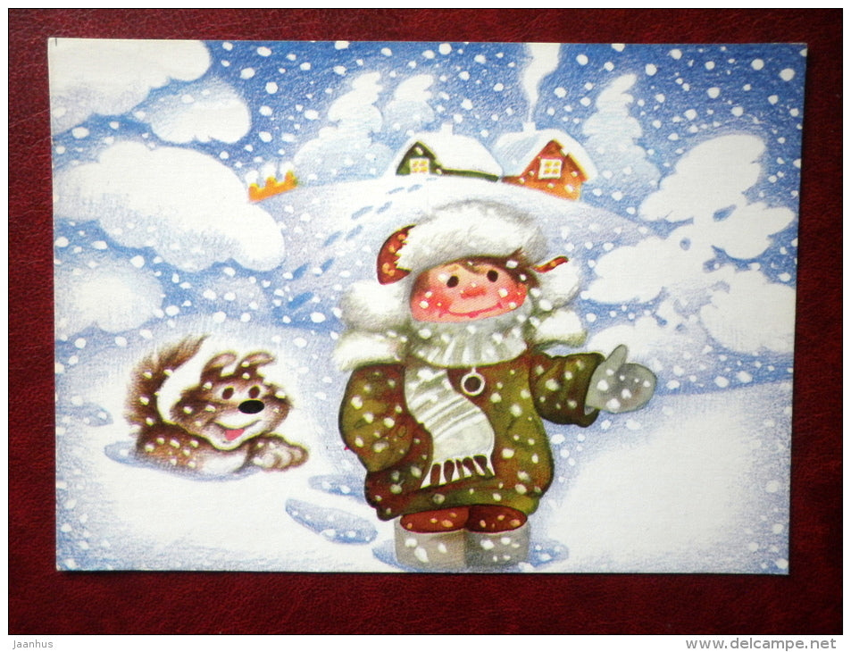 New Year Greeting card - by Ü. Meister - 12 months - January - boy - dog - 1990 - Estonia USSR - used - JH Postcards