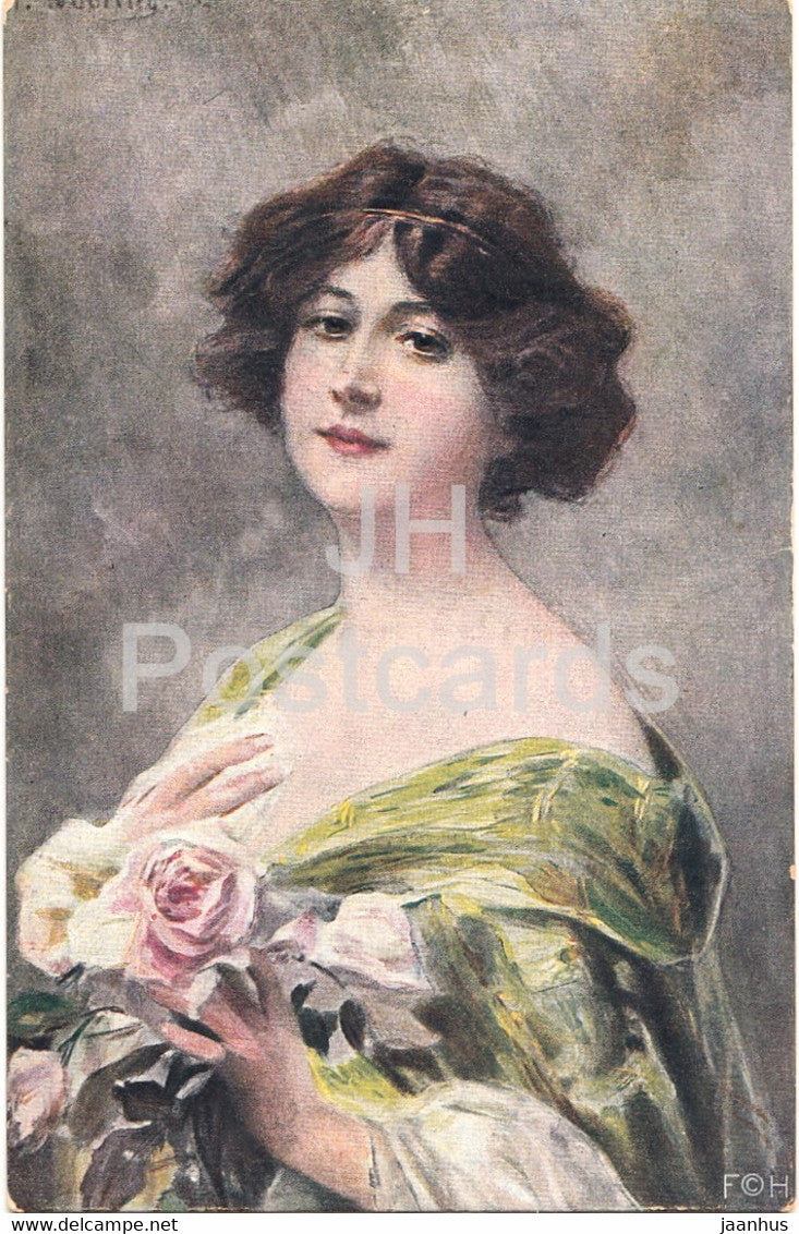 painting by F. Wobring - Hast du Mich Lieb - lady - German art - old postcard - 1919 - Germany - used - JH Postcards