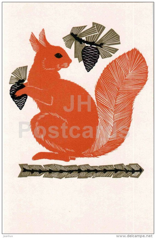 Squirrel - cones - illustration by V. Penzin - Decorative Birds and Animals - 1972 - Russia USSR - unused - JH Postcards