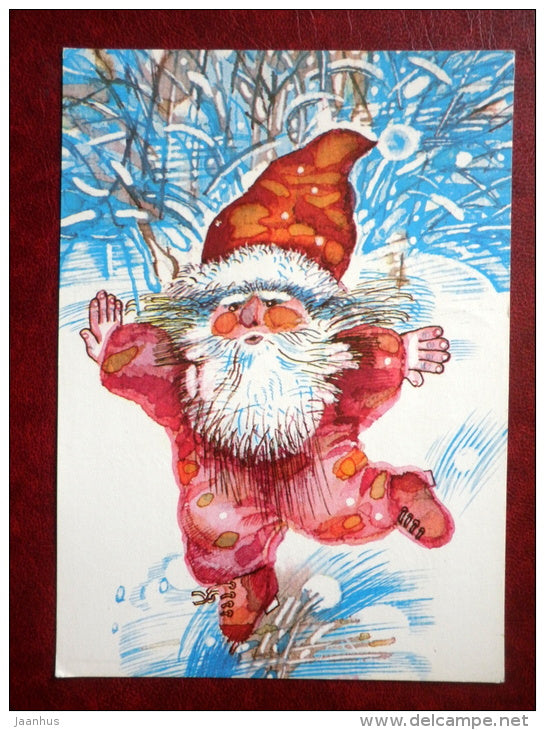 New Year Greeting card - by I. Raudsepp - skating dwarf - 1988 - Estonia USSR - used - JH Postcards