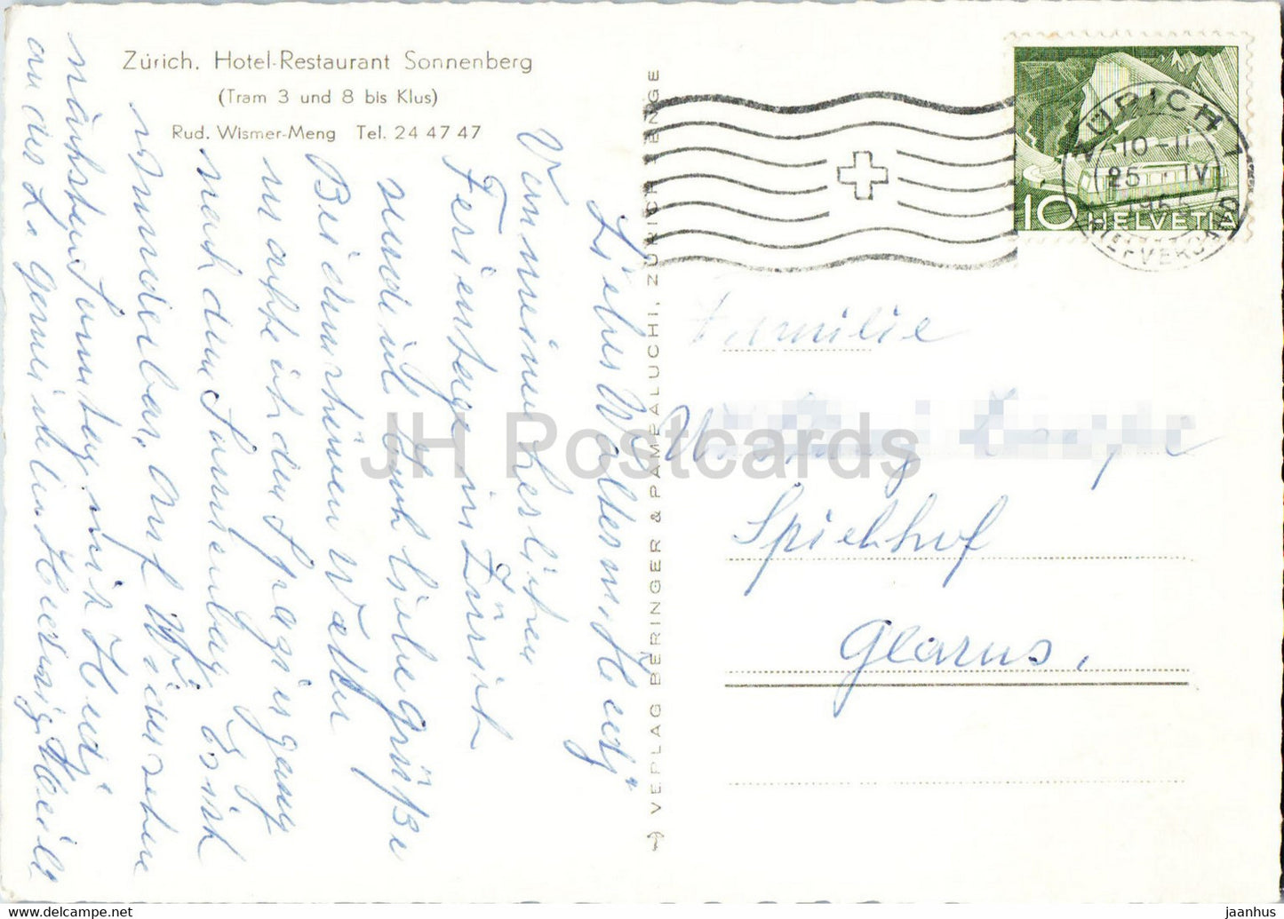 Zürich - Hotel Restaurant Sonnenberg - Aussicht vom Sonnenberg - Gartenstrasse 1955 - alte Postkarte - Schweiz - gebraucht