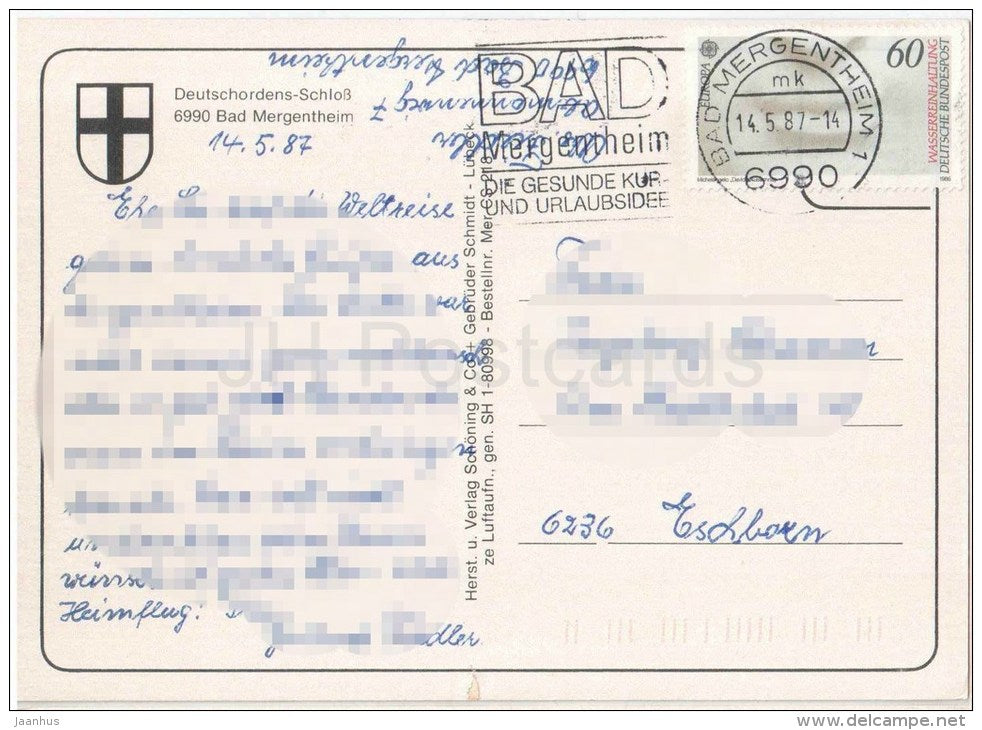 Deutschordens-Schloss - Bad Mergentheim - EUROPA CEPT Wasserreinhaltung - 6990 - Germany - 1987 gelaufen - JH Postcards