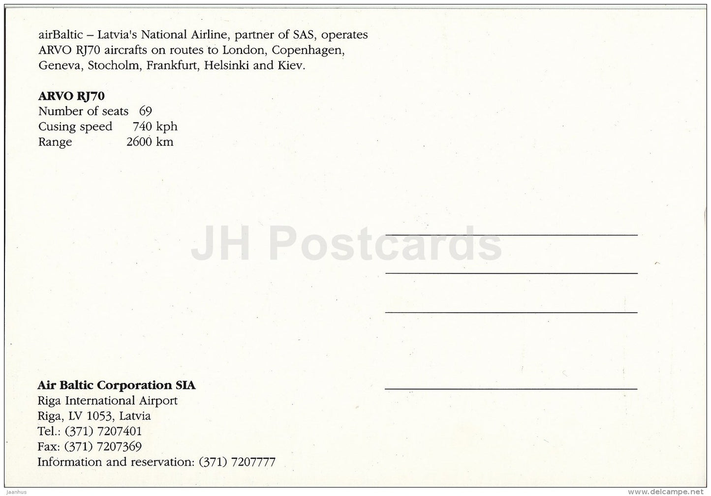 ARVO RJ70 - airplane - Air Baltic - Latvia - unused - JH Postcards