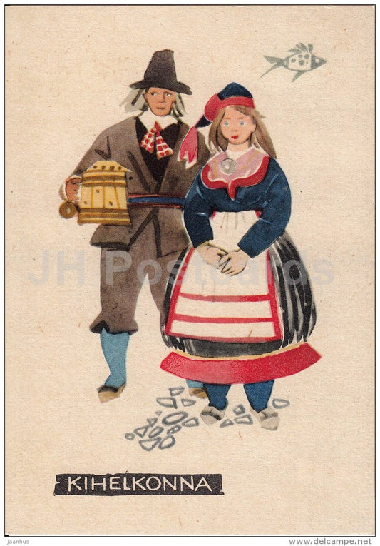 illustration by V. Tolli - Kihelkonna - Estonian Folk Costumes - 1960 - Estonia USSR - unused - JH Postcards