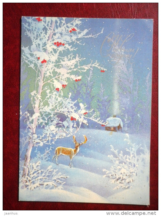 New Year greeting card - illustration by A. Isakov - deer - 1985 - Russia USSR - used - JH Postcards