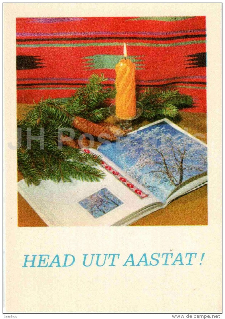 New Year Greeting Card - candle - book - fir cone - 1974 - Estonia USSR - unused - JH Postcards