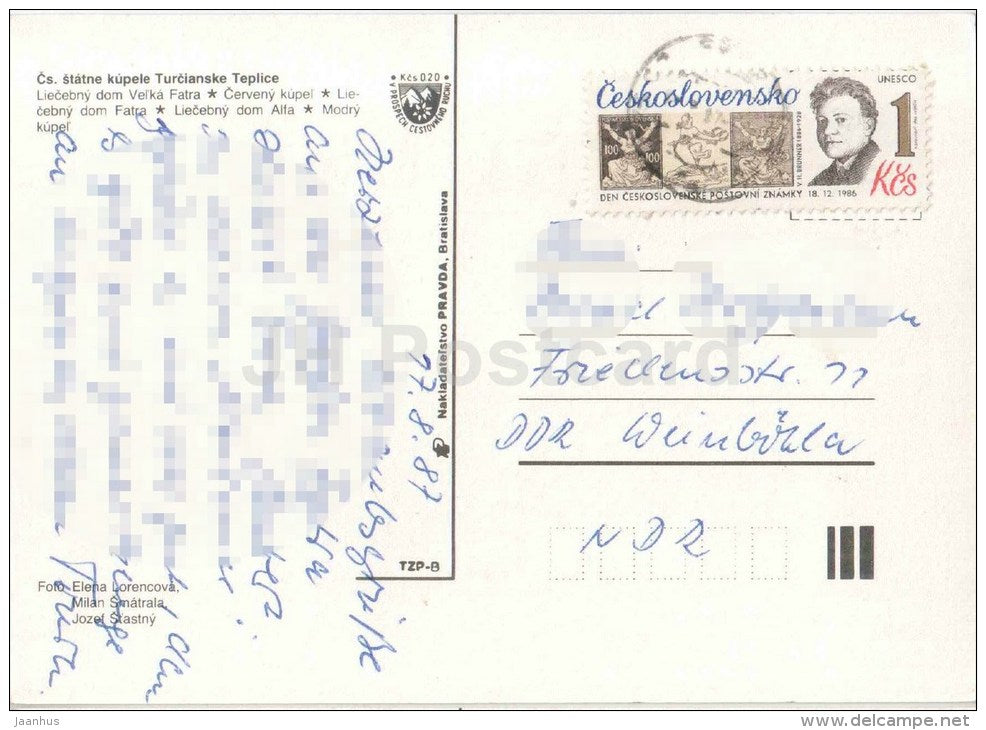 Turcianske Teplice - spa house Velka Fatra - Fatra - Alfa - Czechoslovakia - Slovakia - used 1987 - JH Postcards