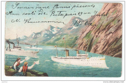 Passenger Ship - mountains - Serie 206 - old postcard - circulated in Tsarist Russia Estonia 1906 - used - JH Postcards